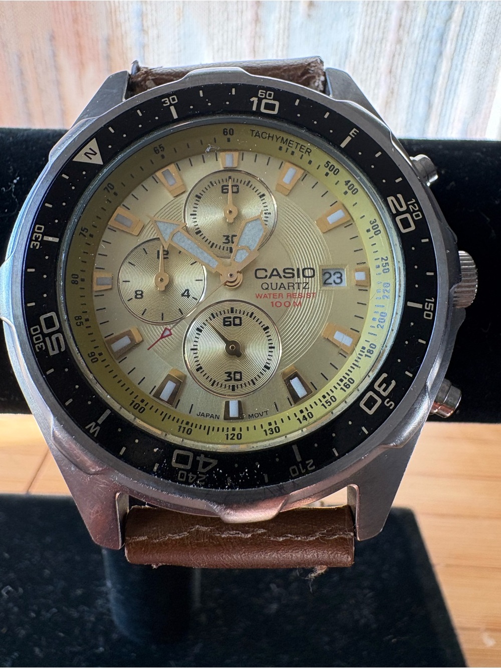 Casio Gold Dial Men's Chronograph with Brown Leather Strap